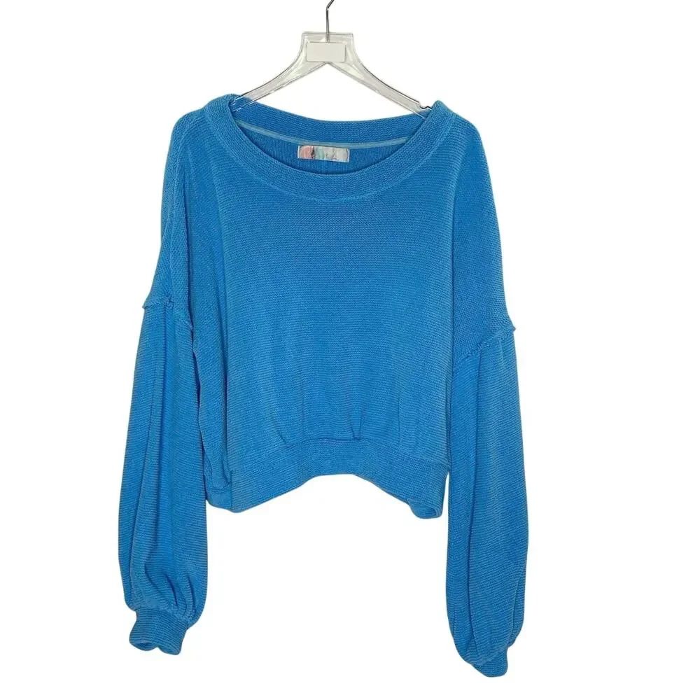 Free People FP Beach Sweater L Cropped Wide Dolman Sleeves Capri Blue